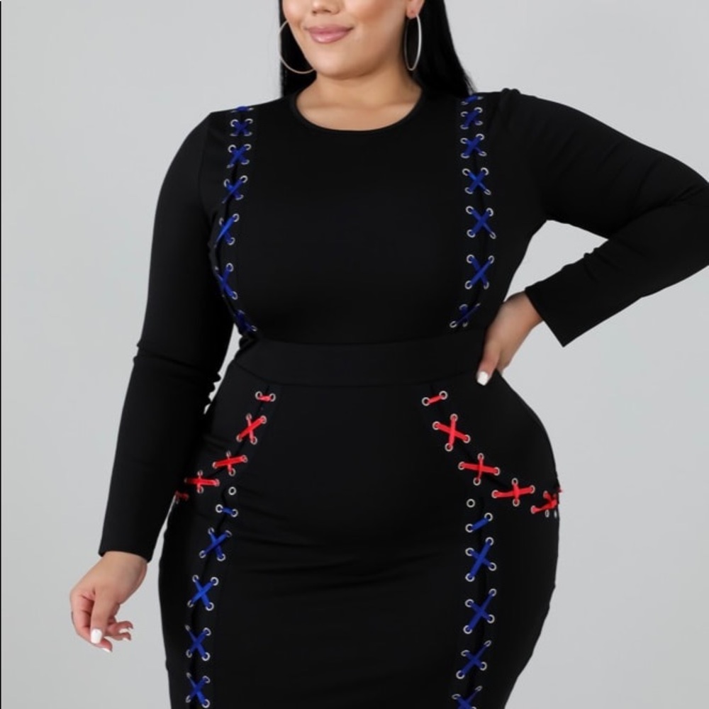 Dani Black Bodycon Dress w/Blue & Red Ribbons